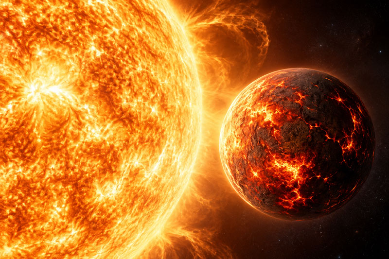 별 가까이에서 녹은 암석과 마그마 바다를 가진 55 Cancri e의 과학 시각화 이미지