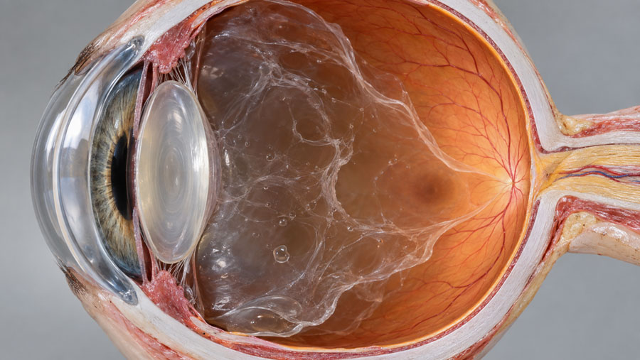 노화하면서 유리체가 부분적으로 액화되고 수축해 망막에서 분리되기 시작하는 후유리체박리 과정을 표현한 과학 시각화