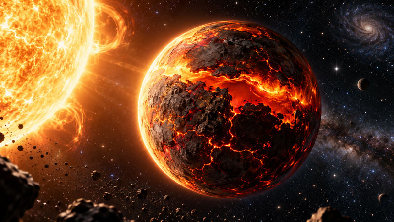 극도로 뜨거운 외계행성 55 Cancri e와 내부의 고압 탄소층을 표현한 과학 시각화 이미지