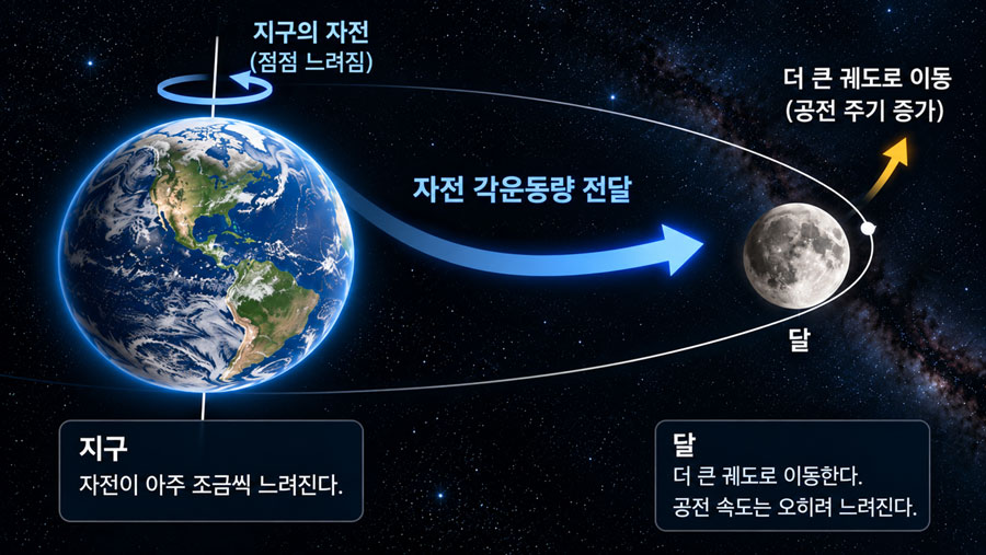 지구의 자전 각운동량이 조석 작용을 통해 달의 더 큰 궤도로 전달되는 과정을 표현한 과학 시각화 이미지