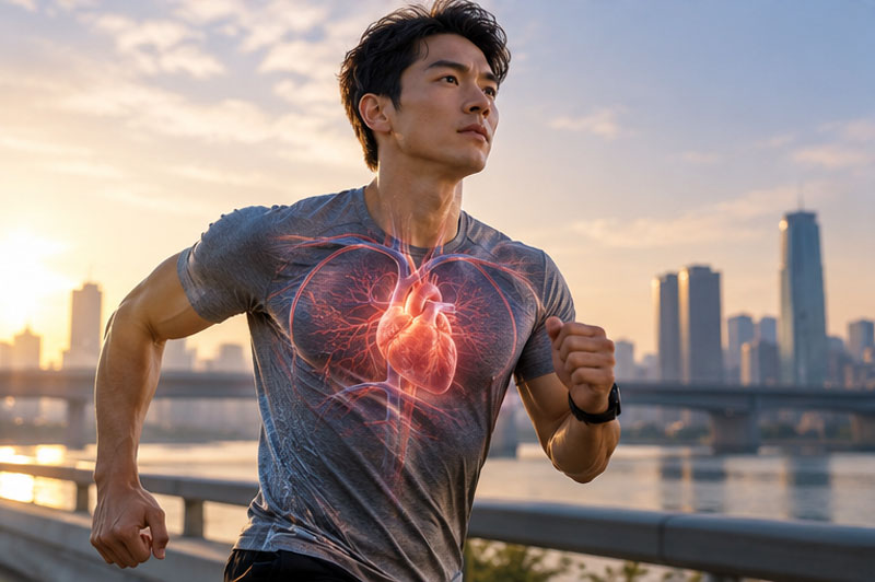 운동 중 심박수가 증가한 성인 러너와 심장의 활동을 보여주는 모습