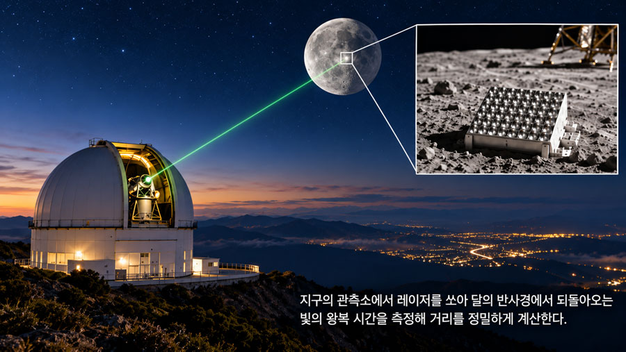 달 표면의 아폴로 레이저 역반사경을 향해 지구 관측소에서 레이저 거리측정을 수행하는 장면의 과학 시각화 이미지