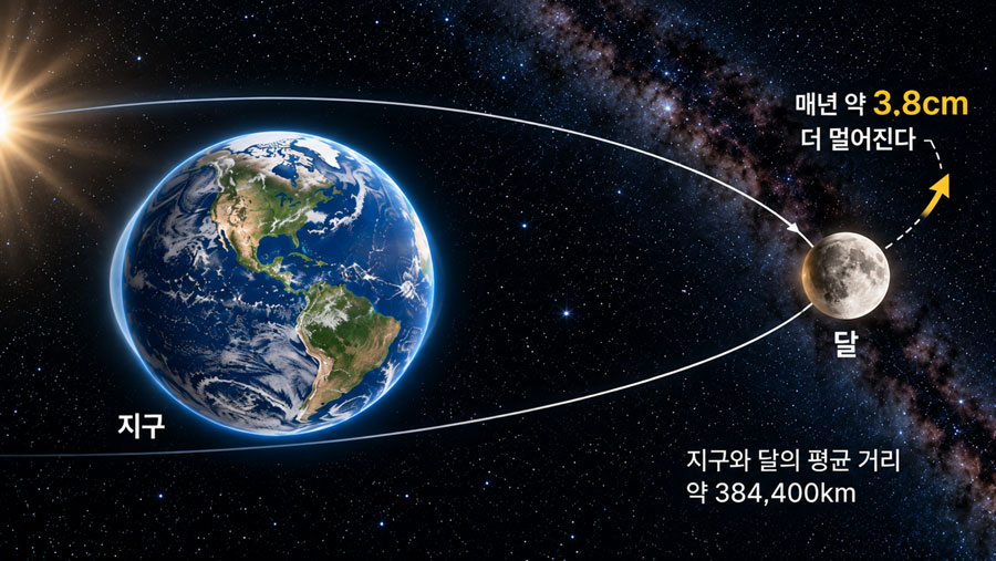 지구의 조석 융기와 달의 궤도 확대를 함께 보여주는 지구-달 시스템 과학 시각화 이미지