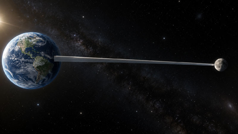 지구와 달 사이를 배경으로 42번의 두 배 증가로 계산된 종이 두께가 달 궤도 거리보다 길어지는 모습을 표현한 과학 시각화