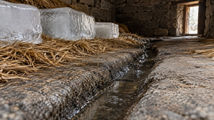 얼음 옆의 얕은 돌바닥 배수로를 따라 녹은 물이 흐르는 설명용 역사적 재현